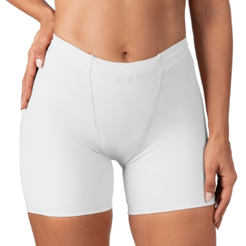 Underworks White vulvar varicosity and prolapse support boyleg brief in front view, showing groin compression bands for pelvic relief