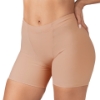 Left side profile of Underworks boyleg brief for vulvar varicosities and pelvic organ prolapse support, highlighting compression bands and boy-leg cut in beige color