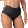 Left side view of black supportive brief featuring targeted compression for vulvar swelling, inguinal hernia pain relief, and postpartum recovery